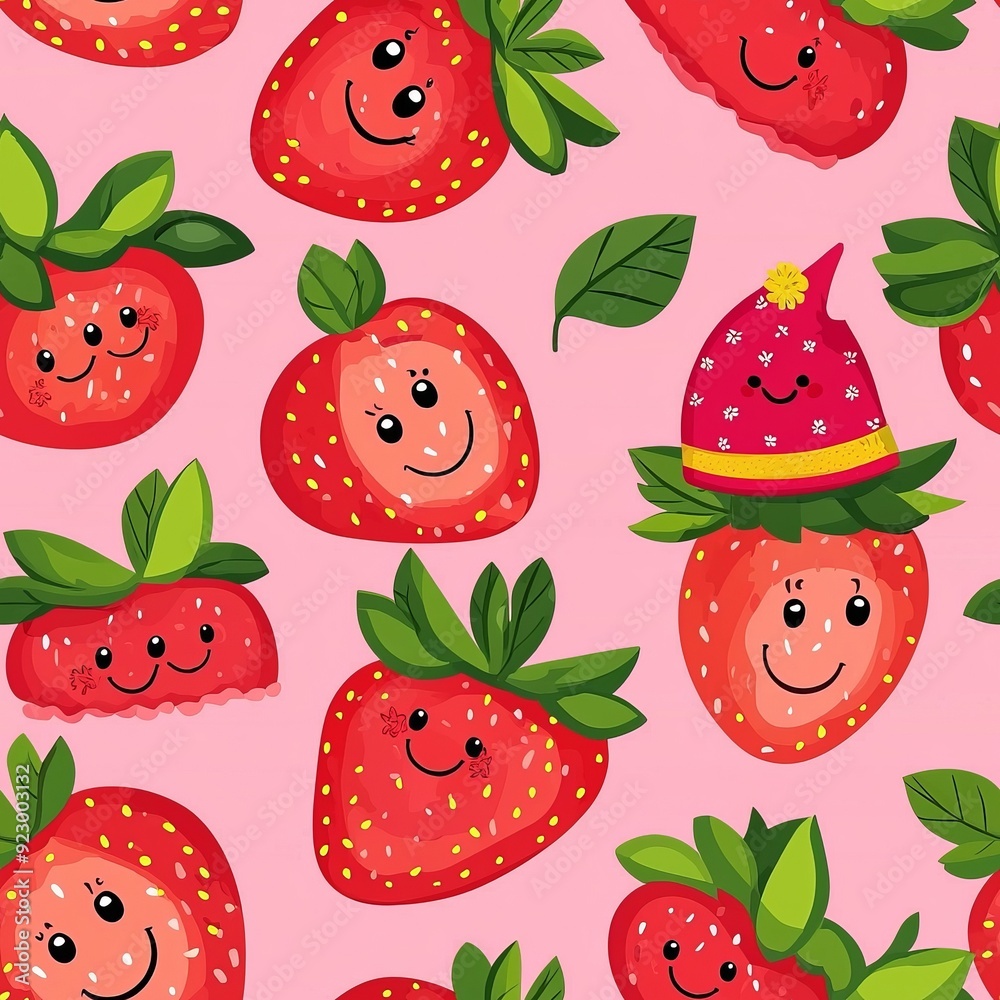 Seamless pattern of playful strawberries with smiley faces and hats Seamless pattern of playful strawberries with smiley faces and hats
