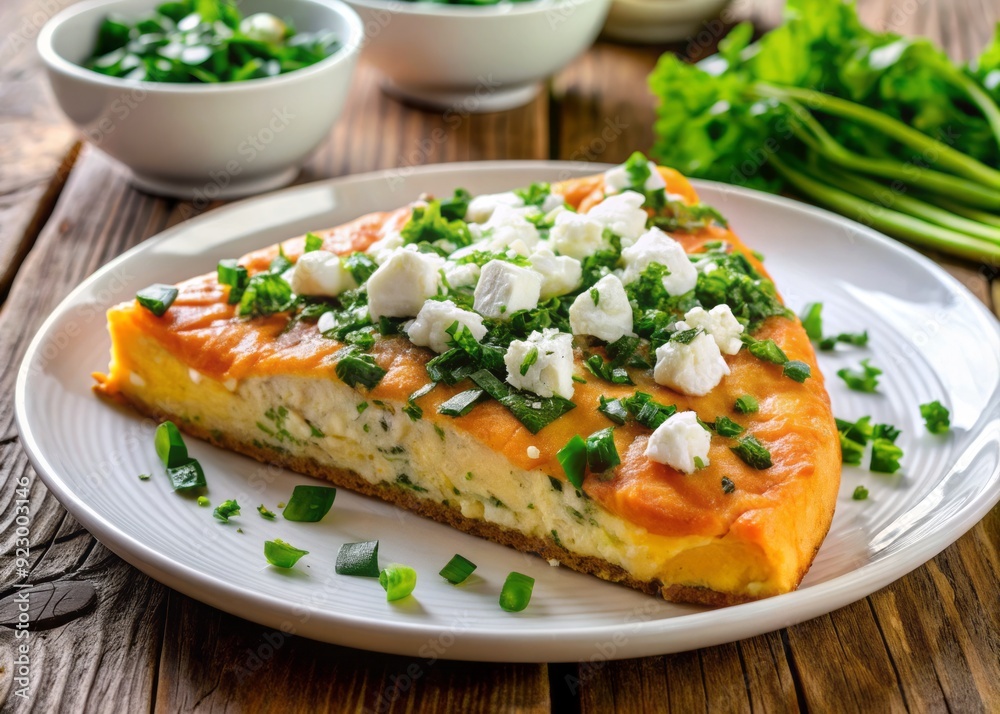 Vibrant breakfast dish featuring a golden-brown salmon and fresh spinach frittata topped with crumbled feta cheese, garnished with chopped scallions on a white plate. Vibrant breakfast dish featuring a golden-brown salmon and fresh spinach frittata topped with crumbled feta cheese, garnished with chopped scallions on a white plate.