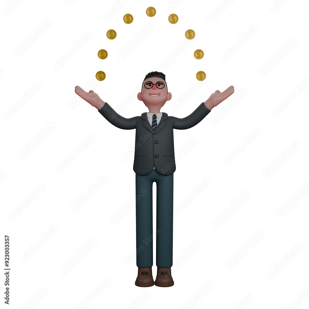 Cartoon Professional Teacher. A man stands with his arms wide open above his head with gold coins forming an arc. 3D Male Cartoon Professional Teacher. A man stands with his arms wide open above his head with gold coins forming an arc. 3D Male