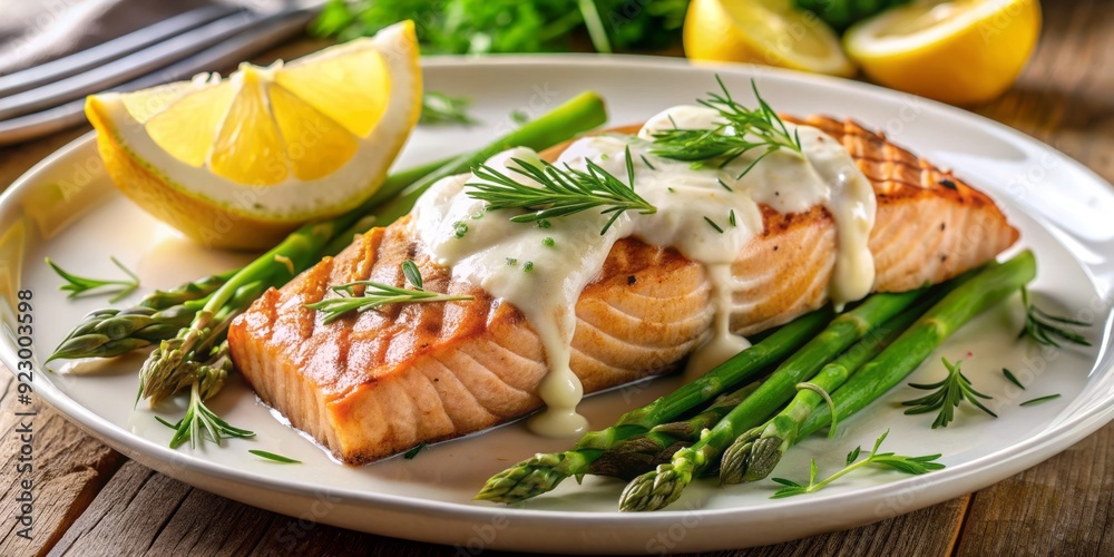 Freshly grilled salmon fillet served atop a bed of tender roasted asparagus spears, drizzled with a zesty and aromatic lemon dill sauce. Freshly grilled salmon fillet served atop a bed of tender roasted asparagus spears, drizzled with a zesty and aromatic lemon dill sauce.