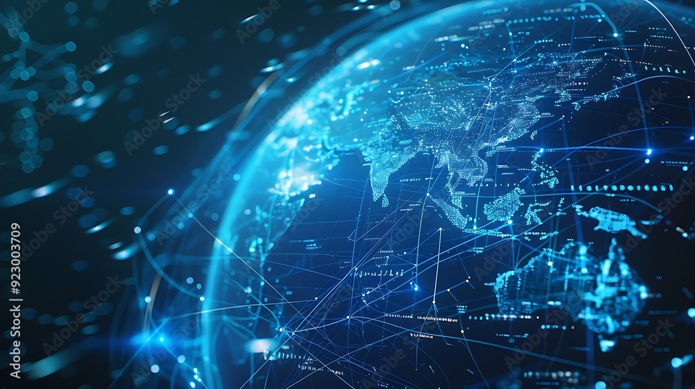 3D Illustration of Global Network with Blue Lines and Bright Spots 3D Illustration of Global Network with Blue Lines and Bright Spots