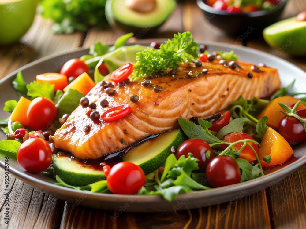 Fresh salmon fillet atop a vibrant mix of juicy avocado, crisp greens, and cherry tomatoes, drizzled with rich balsamic vinaigrette and garnished with sesame seeds. Fresh salmon fillet atop a vibrant mix of juicy avocado, crisp greens, and cherry tomatoes, drizzled with rich balsamic vinaigrette and garnished with sesame seeds.