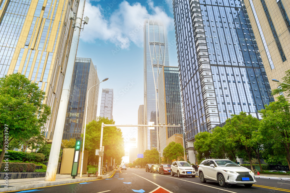 Fototapeta premium The city's tall buildings and high-speed cars, the urban landscape of Changsha, China.
