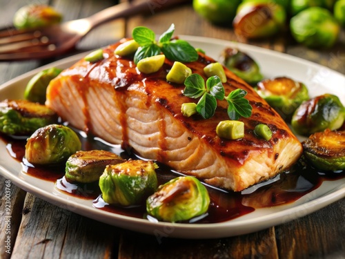 Freshly cooked salmon fillet served atop a bed of tender roasted Brussels sprouts drizzled with a rich, sweet, and tangy balsamic glaze.