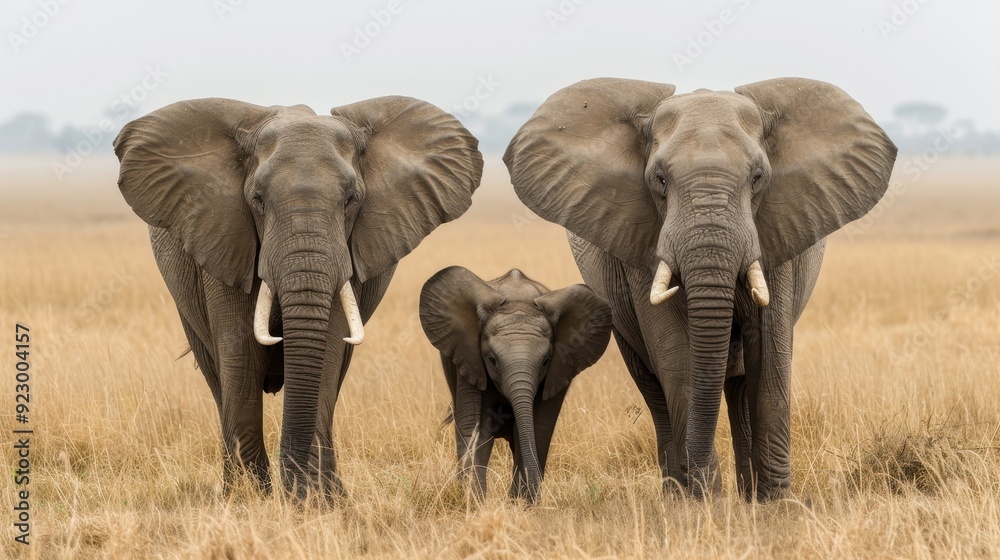 Obraz premium Three elephants standing in a field with one of them being a baby