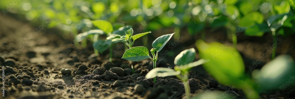 Young soybean plants flourishing in organized rows on farmland, showcasing fresh crops during a period of vigorous growth, with selective focus. Young soybean plants flourishing in organized rows on farmland, showcasing fresh crops during a period of vigorous growth, with selective focus.
