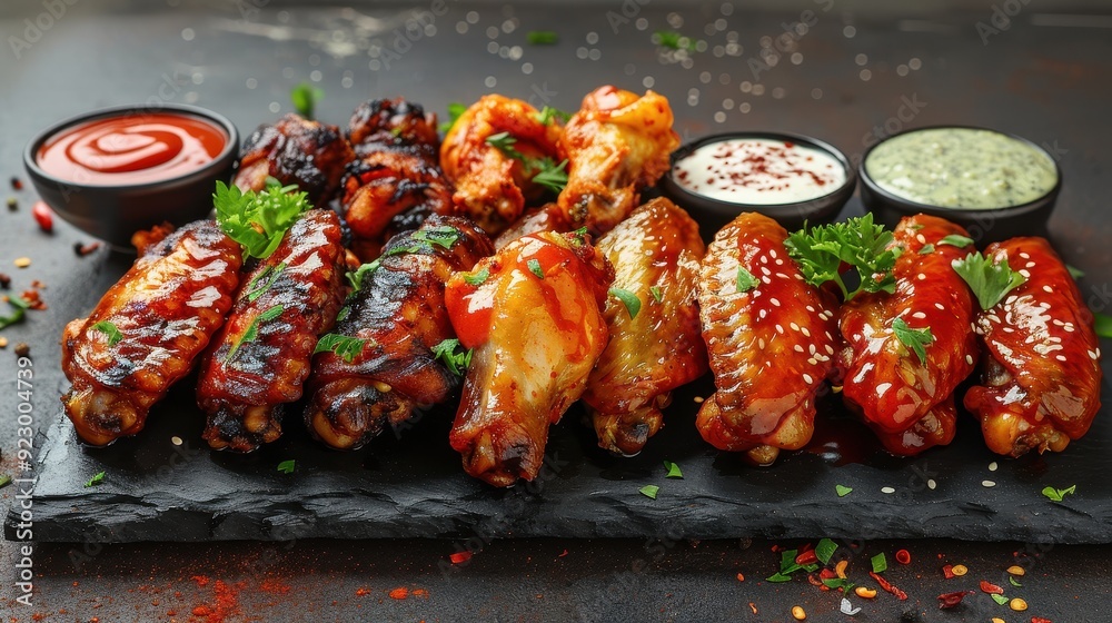A plate of chicken wings with a variety of sauces and garnishes A plate of chicken wings with a variety of sauces and garnishes
