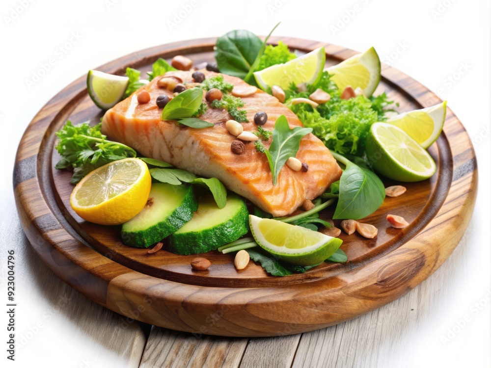 Freshly prepared salmon and avocado salad on a rustic wooden plate, garnished with toasted almonds, lemon wedges, and mixed greens, against a white background. Freshly prepared salmon and avocado salad on a rustic wooden plate, garnished with toasted almonds, lemon wedges, and mixed greens, against a white background.