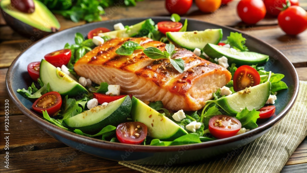 Freshly prepared mixed greens salad topped with seared salmon fillet, sliced avocado, cherry tomatoes, and crumbled feta, dressed with a rich balsamic vinaigrette. Freshly prepared mixed greens salad topped with seared salmon fillet, sliced avocado, cherry tomatoes, and crumbled feta, dressed with a rich balsamic vinaigrette.