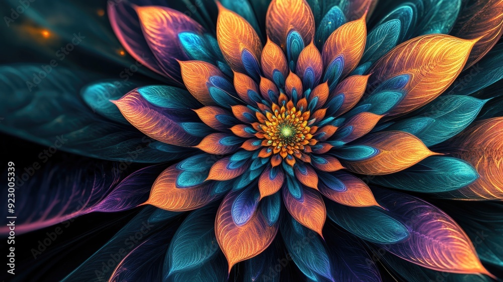 Stunning fractal flower radiates with fluid patterns and vibrant colors, symbolizing growth and mathematical art Stunning fractal flower radiates with fluid patterns and vibrant colors, symbolizing growth and mathematical art