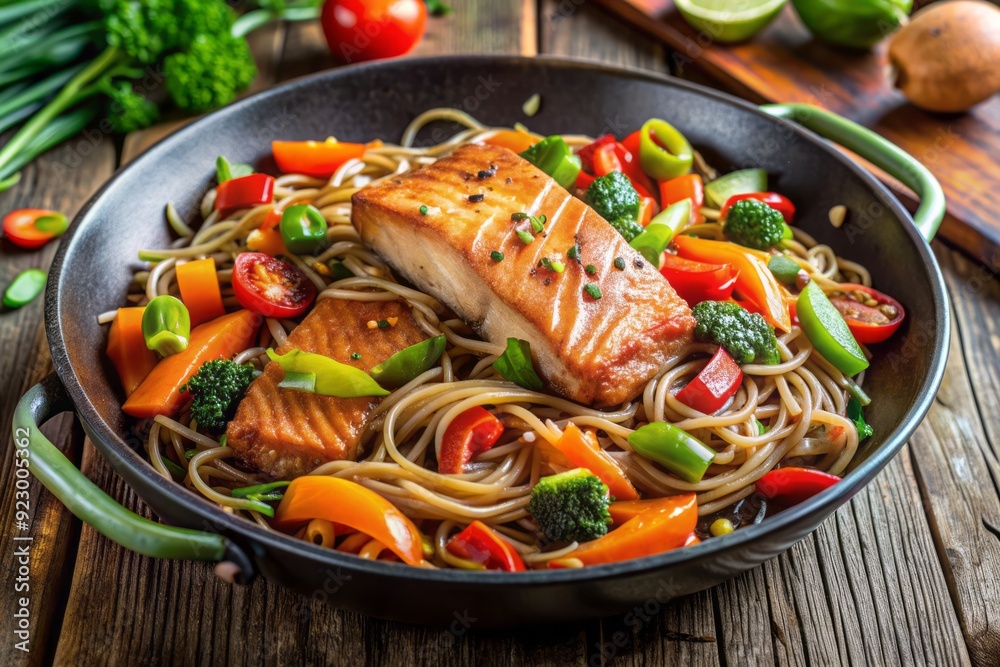 Savory gluten-free stir-fry featuring pan-seared salmon, colorful mixed vegetables, and brown rice noodles, all perfectly seasoned with a rich and flavorful soy sauce. Savory gluten-free stir-fry featuring pan-seared salmon, colorful mixed vegetables, and brown rice noodles, all perfectly seasoned with a rich and flavorful soy sauce.