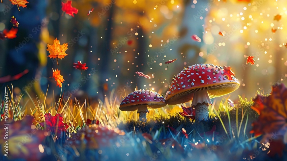 3. Artistic depiction of fresh forest mushrooms emerging in the grass during autumn, with colorful leaves scattered around, highlighting the mystical charm of mushroom picking in a serene forest 3. Artistic depiction of fresh forest mushrooms emerging in the grass during autumn, with colorful leaves scattered around, highlighting the mystical charm of mushroom picking in a serene forest