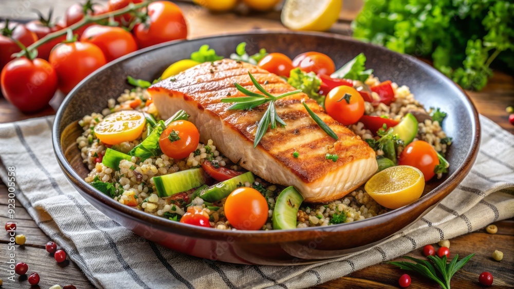 Vibrant, nutritious salad bowl featuring grilled salmon fillet atop quinoa, surrounded by an array of colorful, oven-roasted vegetables, garnished with fresh herbs and a citrus wedge. Vibrant, nutritious salad bowl featuring grilled salmon fillet atop quinoa, surrounded by an array of colorful, oven-roasted vegetables, garnished with fresh herbs and a citrus wedge.