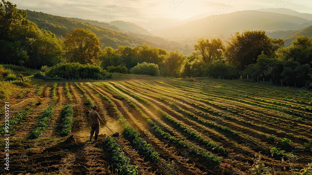 A broad shot of a farmer harvesting organic vegetables in a sunlit field, capturing the essence of sustainable agriculture. A broad shot of a farmer harvesting organic vegetables in a sunlit field, capturing the essence of sustainable agriculture.