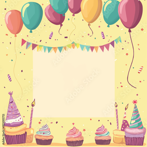 A cute birthday card with balloons gifts and party hats