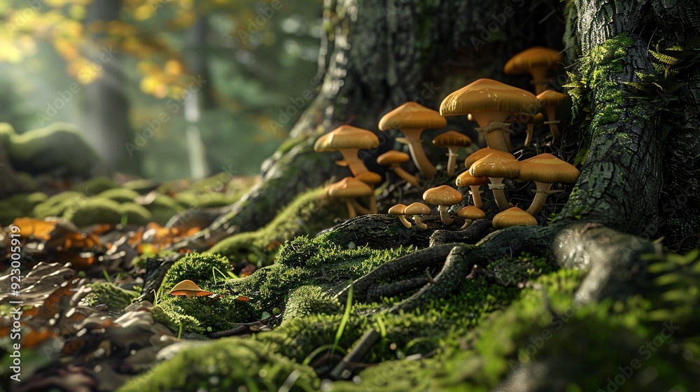 1. Close-up of mushrooms growing in a forest, nestled among vibrant moss and intricate tree roots, capturing the natural beauty and rich textures of the woodland environment 1. Close-up of mushrooms growing in a forest, nestled among vibrant moss and intricate tree roots, capturing the natural beauty and rich textures of the woodland environment
