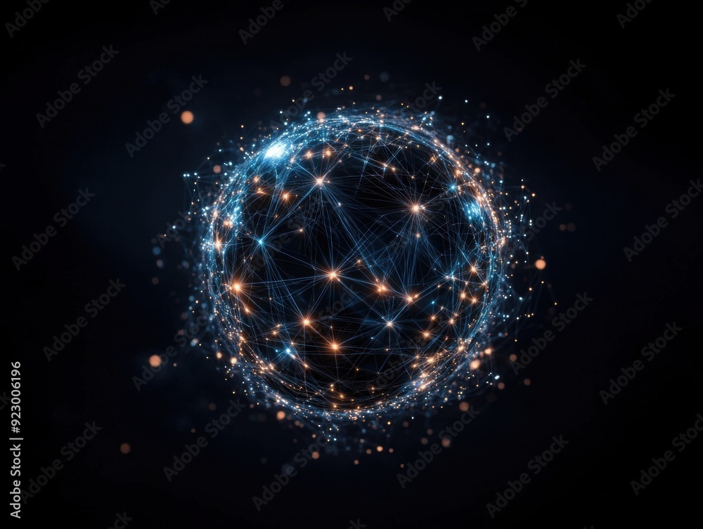 Obraz premium A spherical graph with concentric axis lines illustrates a network of nodes radiating outward, symbolizing data expansion and connectivity.