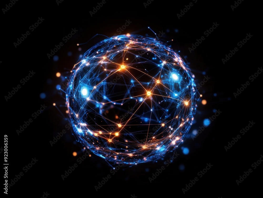 Fototapeta premium A spherical graph with concentric axis lines illustrates a network of nodes radiating outward, symbolizing data expansion and connectivity.
