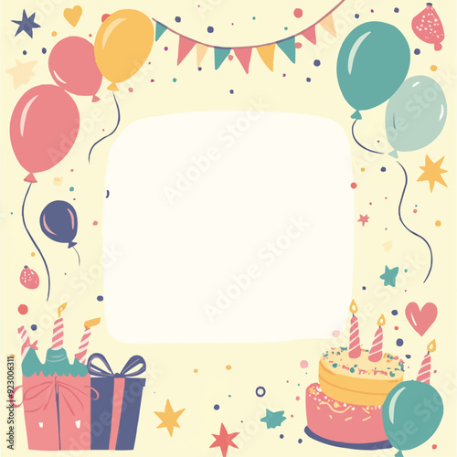 A cute birthday card with balloons gifts and party hats