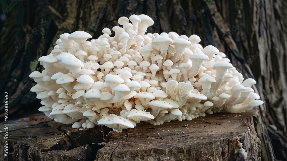 5. Vivid close-up of a cluster of white mushrooms covering an old oak stump from base to top, illustrating the parasitic nature and natural environment of Mycena mushrooms