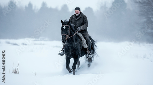 A rugged man riding a black horse through a snowy landscape, showcasing strength and resilience against the harsh winter elements. photo