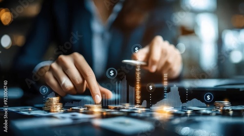 A woman is pointing at a table with a bunch of coins and a dollar sign