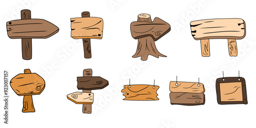 set of hand drawn wooden signs isolated on white