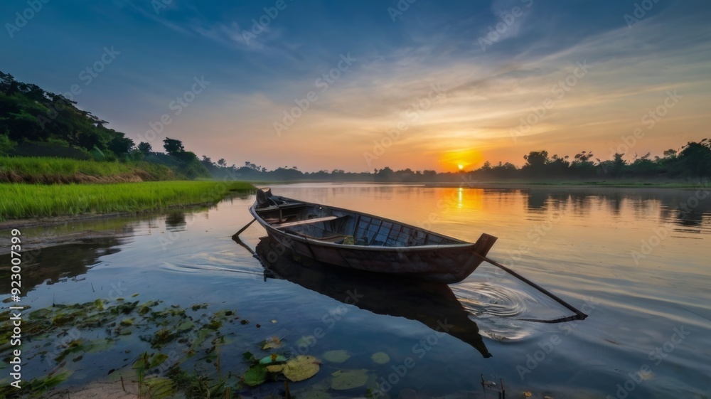 Fototapeta premium Asian fisherman with his wooden boat in nature river