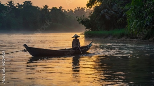 Asian fisherman with his wooden boat in nature river