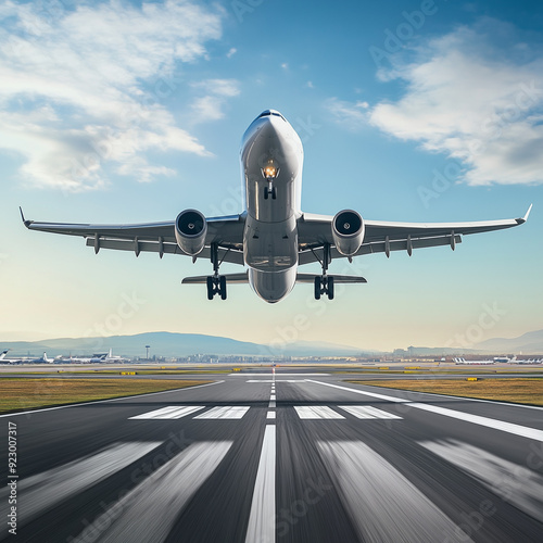  A commercial airliner taking off from a bustling airport runway