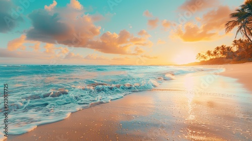 Photo of a tropical beach at sunset, with golden sand, crystal clear turquoise waters, and palm trees swaying gently in the warm evening breeze, epitomizing a tranquil coastal paradise.