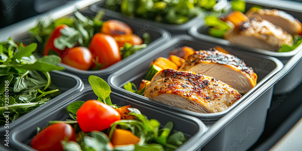A close up of an airplane food tray with healthy, delicious ingredients, including chicken and vegetables in gray plastic boxes, generative AI A close up of an airplane food tray with healthy, delicious ingredients, including chicken and vegetables in gray plastic boxes, generative AI