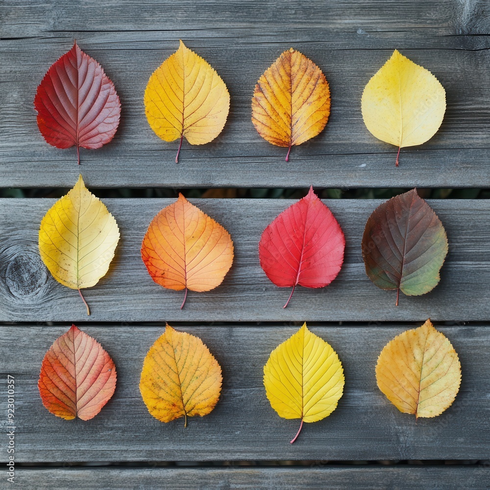 A collection of leaves of different colors are arranged on a wooden surface A collection of leaves of different colors are arranged on a wooden surface