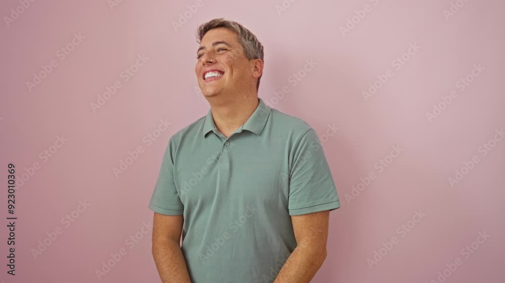 Caucasian man standing on side with smile and confident expression, laughing naturally over isolated pink background Caucasian man standing on side with smile and confident expression, laughing naturally over isolated pink background