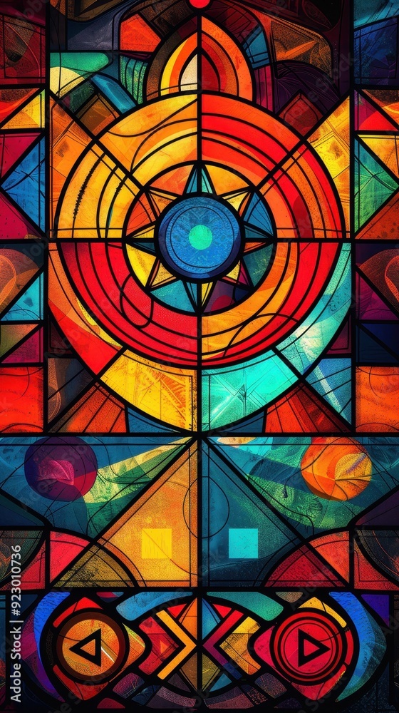 A colorful stained glass window showcases intricate geometric patterns and vivid hues illuminating the space A colorful stained glass window showcases intricate geometric patterns and vivid hues illuminating the space