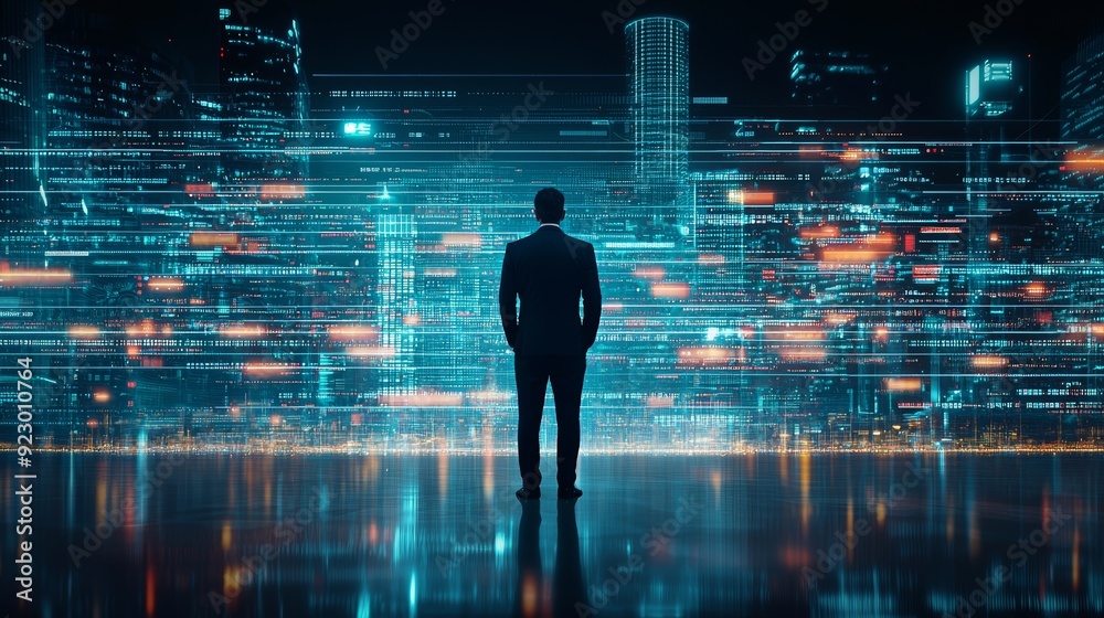 A businessman stands in awe of a futuristic cityscape filled with glowing digital data, symbolizing innovation and technology. A businessman stands in awe of a futuristic cityscape filled with glowing digital data, symbolizing innovation and technology.