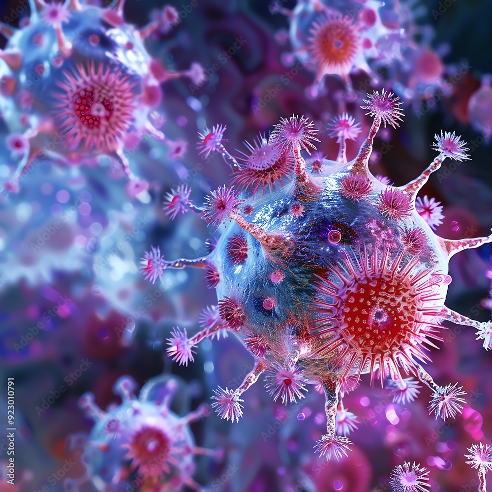 Microscopic view of a virus, highlighting the intricate and colorful details of its structure. Microscopic view of a virus, highlighting the intricate and colorful details of its structure.