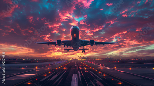 Commercial Airplane Taking Off at Sunset with Dramatic Sky and Runway Lights

