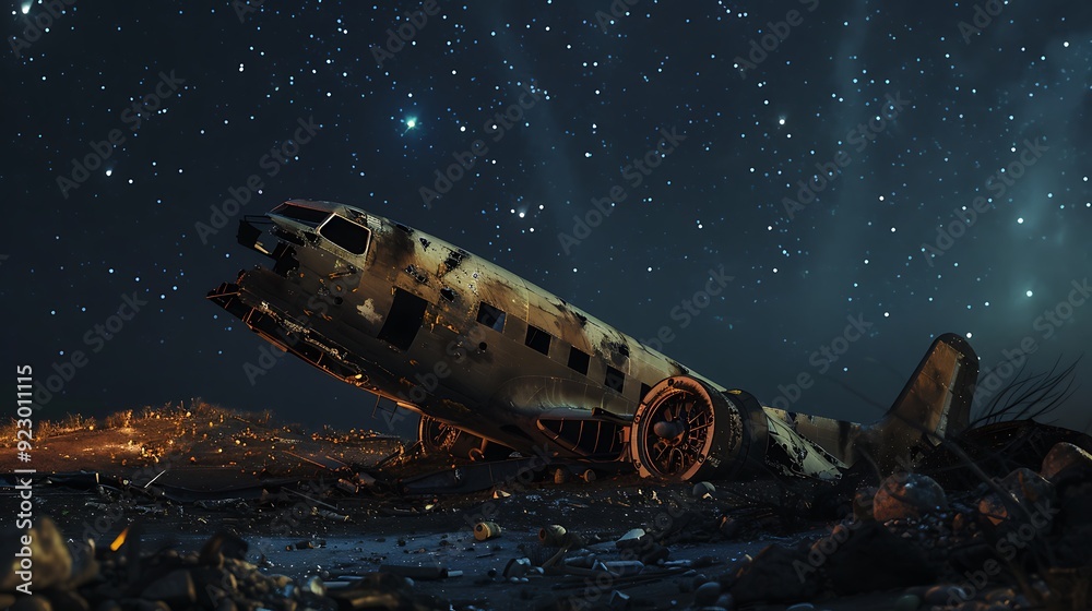 Burned and destroyed aircraft against a night sky Burned and destroyed aircraft against a night sky