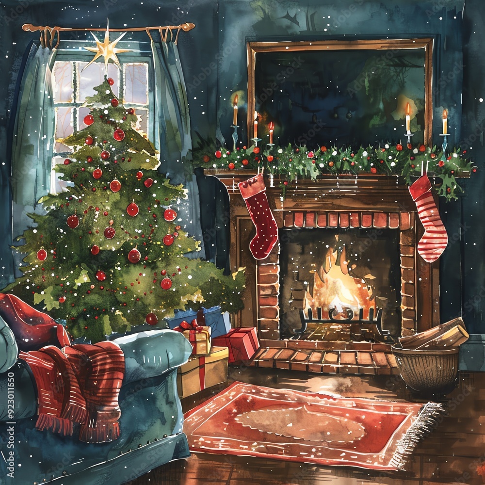 Cozy Christmas living room with a decorated tree, fireplace with stockings, and presents, creating a warm holiday atmosphere. Cozy Christmas living room with a decorated tree, fireplace with stockings, and presents, creating a warm holiday atmosphere.