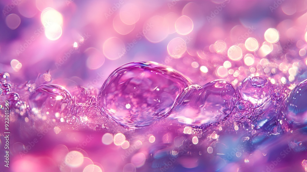 Abstract Close-Up of Sparkling Pink and Purple Water Droplets with Bokeh Background Abstract Close-Up of Sparkling Pink and Purple Water Droplets with Bokeh Background