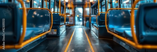An empty bus interior featuring blue seats and yellow. Generative Ai