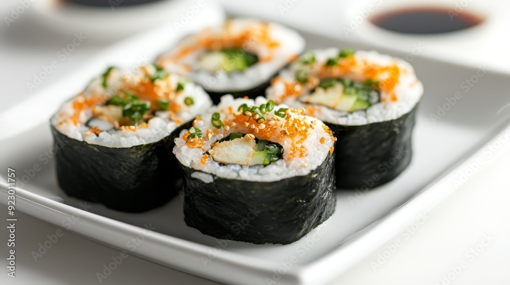 Close-up of sushi rolls on a white plate Close-up of sushi rolls on a white plate