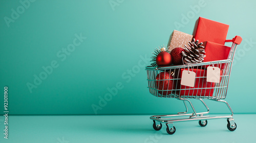 Shopping Cart with Holiday-Themed Items Against Turquoise Background photo