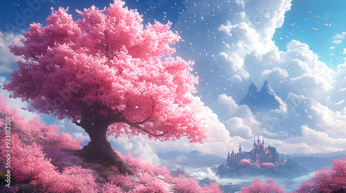 A dreamy, picturesque landscape featuring a large, blooming cherry blossom tree under a vibrant blue sky with fluffy clouds and a distant fairytale castle photo