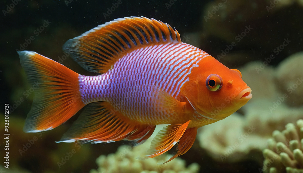 Vibrant orange and purple fish with white stripes swims near coral. Vibrant orange and purple fish with white stripes swims near coral.