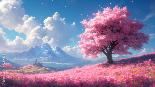 A dreamy, picturesque landscape featuring a large, blooming cherry blossom tree under a vibrant blue sky with fluffy clouds and a distant fairytale castle photo