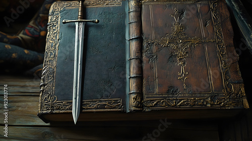 Medieval themed Background with Ancient Book and Sword photo