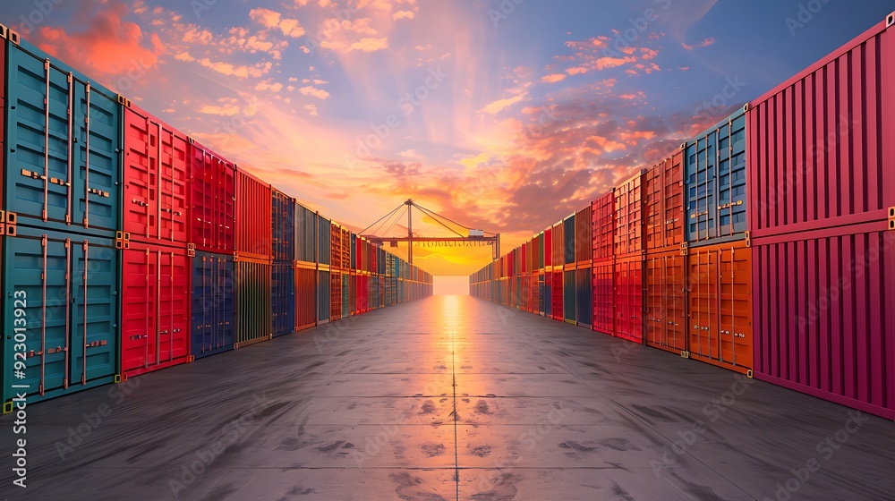 Fototapeta premium Cargo shipping container rows in logistics industry concept background working supply chain