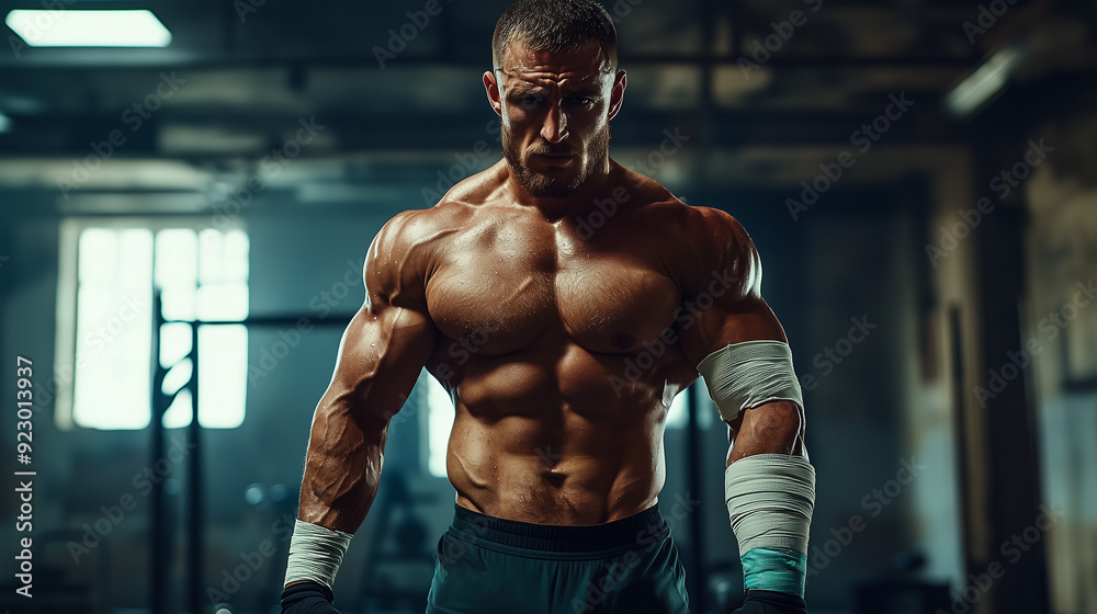 A male muscular bodybuilder standing, bandage and injured arm, in a gym setting A male muscular bodybuilder standing, bandage and injured arm, in a gym setting